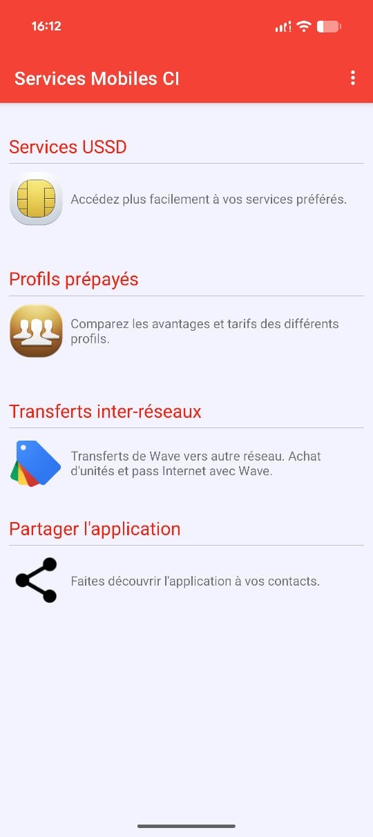 Écran d'accueil de l'application