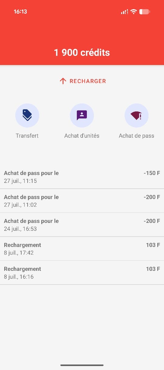 Crédits et historique des transactions